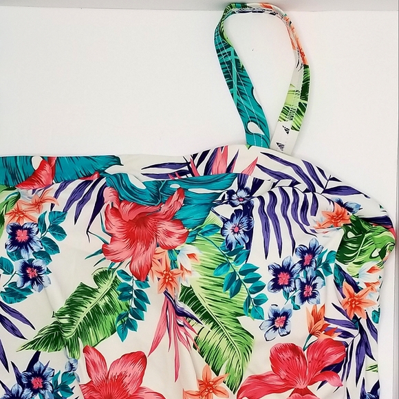 Swimsuits For All Colorful Tropical Floral Print Bandeau Blouson Takini Swim Top - Picture 3 of 9